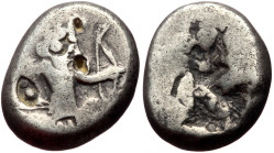 Persia, Achaemenid Empire. temp. Artaxerxes II to Artaxerxes III (ca 375-340 BC) AR Siglos (Silver, 17mm, 5.52g). 
Obv: Persian king or hero, wearing ...