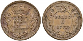 RDR / ÖSTERREICH 
 Karl VI. 1711-1740 
 1 Soldo 1733, Graz. Für Görz. 5.42 g. Herinek 1177. Prachtexemplar. Fast FDC.