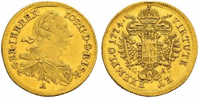RDR / ÖSTERREICH 
 Joseph II. 1765-1790 
 Dukat 1774, Wien. 3.49 g. Eypeltauer 808. Herinek 27. Fr. 431. Prägeschwäche. Vorzüglich.