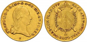 RDR / ÖSTERREICH 
 Franz II. (I.), 1792-1835 
 Sovrano 1793, V-Venedig. 11.10 g. Herinek 224. Fr. 472. Bearbeitet. Sehr schön- vorzüglich.