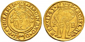 RDR / ÖSTERREICH 
 UNGARN 
 Ferdinand I. 1526-1564 
 Goldgulden 1545, Kremnitz. 3.55 g. Huszar 895. Fr. 48. Vorzüglich.