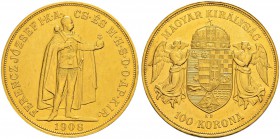 RDR / ÖSTERREICH 
 UNGARN 
 Franz Joseph I. 1848-1916 
 100 Kronen 1908, Kremnitz. Neuprägung. 33.85 g. Huszar 2197b. Fr. 249R. Vorzüglich.