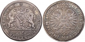 BREMEN STADT
 Taler 1660 (aus 1650) Mit Titel Leopolds I., Vs.: bekröntes Stadtwappen zwischen zwei Löwen, Rs.: Doppeladler unter Krone, auf der Brus...