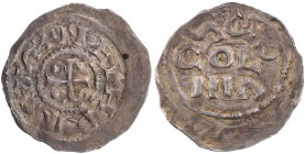 KÖLN KÖNIGLICHE MÜNZSTÄTTE
Heinrich II., als Kaiser 1014-1024. Denar o. J. Vs.: +NEIHRNICVS (liegendes S), Kreuz, in den Winkeln je eine Kugel, umher...