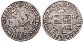 MANSFELD MANSFELD-EISLEBEN, GRAFSCHAFT
Johann Georg III. 1647-1710. 1/3 Taler 1672 ABK Eisleben Vs.: St. Georg zu Pferd n. r., tötet Drachen, Rs.: be...