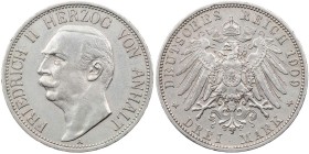 REICHSSILBERMÜNZEN ANHALT
Friedrich II., 1904-1918. 3 Mark 1909 A J. 23. Kratzer, fast vz