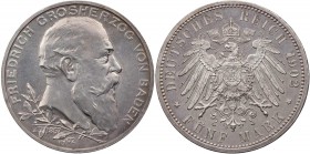 REICHSSILBERMÜNZEN BADEN
Friedrich I., 1852-1907. 5 Mark 1902 (G) Zum 50jährigen Regierungsjubiläum J. 31. St