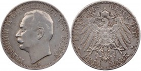 REICHSSILBERMÜNZEN BADEN
Friedrich II., 1907-1918. 3 Mark 1915 G J. 39. l. berieben, ss-vz