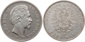 REICHSSILBERMÜNZEN BAYERN
Ludwig II., 1864-1886. 5 Mark 1876 D J. 42. kl. Randf., fast vz