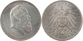 REICHSSILBERMÜNZEN BAYERN
Luitpold, Prinzregent, 1886-1912. 5 Mark 1911 D Zum 90. Geburtstag und zum 25. Regentschaftsjubiläum J. 50. fast vz