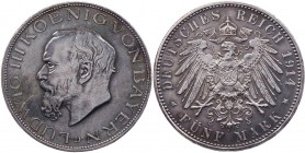 REICHSSILBERMÜNZEN BAYERN
Ludwig III., 1913-1918. 5 Mark 1914 D J. 53. Randf., min. berieben, St