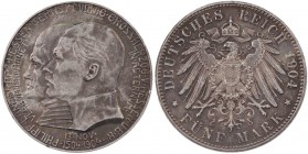 REICHSSILBERMÜNZEN HESSEN
Ernst Ludwig, 1892-1918. 5 Mark 1904 (A) Zum 400. Geburtstag Philipps des Großmütigen J. 75. Patina, Randf., sonst vz