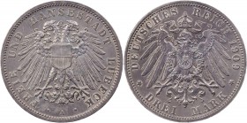 REICHSSILBERMÜNZEN LÜBECK
Freie und Hansestadt. 3 Mark 1909 A J. 82. vz-St