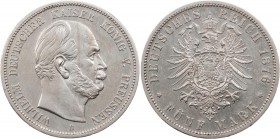REICHSSILBERMÜNZEN PREUSSEN
Wilhelm I., 1861-1888. 5 Mark 1876 B J. 97. min. Kratzer, vz