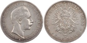 REICHSSILBERMÜNZEN PREUSSEN
Wilhelm II., 1888-1918. 5 Mark 1888 A J. 101. kl. Kratzer u. Randf., ss-vz/vz
