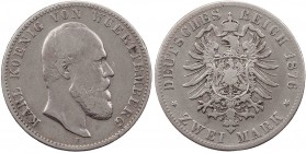 REICHSSILBERMÜNZEN WÜRTTEMBERG
Karl, 1864-1891. 2 Mark 1876 F J. 172. s