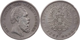 REICHSSILBERMÜNZEN WÜRTTEMBERG
Karl, 1864-1891. 5 Mark 1875 F J. 173. ss