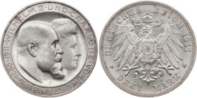 REICHSSILBERMÜNZEN WÜRTTEMBERG
Wilhelm II., 1891-1918. 3 Mark 1911 F Zur Silbernen Hochzeit J. 177a. vz-St