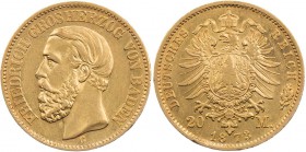 REICHSGOLDMÜNZEN BADEN
Friedrich I., 1852-1907. 20 Mark 1873 G J. 184. 7.91 g. Gold kl. Randf., ss-vz/ss