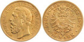 REICHSGOLDMÜNZEN BADEN
Friedrich I., 1852-1907. 10 Mark 1875 G J. 186. 3.92 g. Gold ss