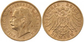 REICHSGOLDMÜNZEN BADEN
Friedrich II., 1907-1918. 20 Mark 1911 G J. 192. 7.94 g. Gold Vs. Kratzer, ss-vz/vz