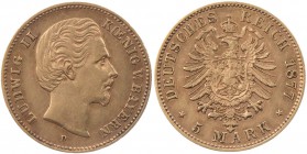 REICHSGOLDMÜNZEN BAYERN
Ludwig II., 1864-1886. 5 Mark 1877 D J. 195. 1.97 g. Gold vz