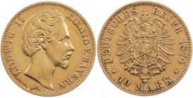 REICHSGOLDMÜNZEN BAYERN
Ludwig II., 1864-1886. 10 Mark 1874 D J. 196. 3.93 g. Gold ss