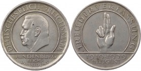 WEIMARER REPUBLIK
 3 Reichsmark 1929 E Zum 10. Jahrestag der Weimarer Reichsverfassung (&quot;Schwurhand&quot;) J. 340. min. berieben, vz-St