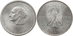 WEIMARER REPUBLIK
 3 Reichsmark 1931 A Zum 100. Todestag des Freiherrn vom und zum Stein J. 348. kl. Kratzer, sonst vz