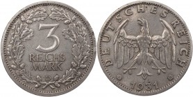 WEIMARER REPUBLIK
 3 Reichsmark 1931 D Kursmünze J. 349. Kratzer, Randf., ss