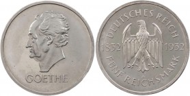 WEIMARER REPUBLIK
 5 Reichsmark 1932 A Zum 100. Todestag Goethes J. 351. Randf., kl. Kratzer, PP