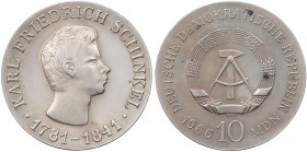 DEUTSCHE DEMOKRATISCHE REPUBLIK, 1949-1990
 10 Mark der Deutschen Notenbank 1966 (A) Zum 125. Todestag von Karl Friedrich Schinkel J. 1517. vz
