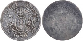 DANZIG FREIE STADT
 10 Pfennig (einseitiger Silberabschlag) 1920 zu J. D 1a (s. a. Anm.). 3.40 g. RR, nur wenige Exemplare bekannt vz