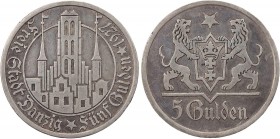 DANZIG FREIE STADT
 5 Gulden 1927 Marienkirche J. D 9. seltenes Jahr kl. Kratzer, ss-vz