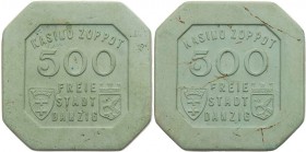 DANZIG SPIELMARKEN
 500 Gulden Kunststoff-Spielmarke des Kasino Zoppot, quadratisch mit gestutzten Ecken, grün, 46 x 46 mm Menzel 2691.13. vz
