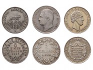 ALTDEUTSCHLAND ALLGEMEIN
 Lot Silbermünzen ANHALT-BERNBURG: 1/6 Taler 1862 A; HESSEN-DARMSTADT: 1/2 Gulden 1840; SACHSEN: 1/6 Taler (5 Neugr.) 1842 G...