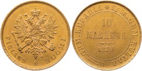 FINNLAND
Alexander II. von Rußland, 1855-1881. 10 Markkaa 1879 Helsinki Bitkin 615; Fr. 4; Schön 8. 3.22 g. Gold Rs. kl. Kratzer, sonst fast vz