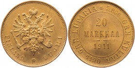 FINNLAND
Nikolaus II. von Rußland, 1894-1917. 20 Markkaa 1911 Helsinki Bitkin 388; Fr. 3; Schön 12. 6.42 g. Gold vz-St