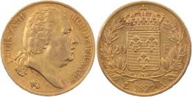FRANKREICH ZEIT DER RESTAURATION, 1814/15-1848.
Louis XVIII., 1814, 1815-1824. 20 Francs 1822 A Paris Fr. 519; Gadoury 1028. 6.42 g. Gold kl. Randf.,...