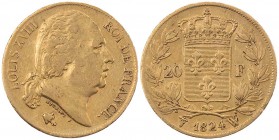 FRANKREICH ZEIT DER RESTAURATION, 1814/15-1848.
Louis XVIII., 1814, 1815-1824. 20 Francs 1824 W Lille Fr. 539; Gadoury 1028. 6.40 g. Gold Randf., kl....