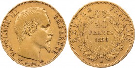 FRANKREICH 2. KAISERREICH , 1852-1870
Napoléon III., 1852-1871. 20 Francs 1858 A Paris Gadoury 1061; Fr. 573. 6.43 g. Gold ss