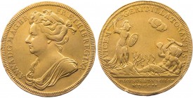 GROSSBRITANNIEN / IRLAND VEREINIGTES KÖNIGREICH
Anne, 1702-1714. vergoldete Bronzemedaille 1702 (v. J. Croker) Auf die Krönung, Vs.: Brustbild n. l.,...