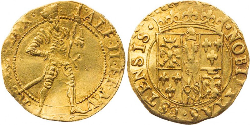 ITALIEN FERRARA
Alfonso II. d' Este, 1559-1597. Ducato 1596 Vs.: ALF II FE MV R...