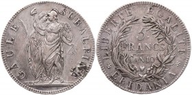 ITALIEN PIEMONT
Subalpine Republik 5 Francs L'An 10 (1801) Turin Vs.: Personifikationen Frankreichs und der Subalpinen Republik stehen nebeneinander,...