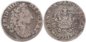 NORWEGEN KÖNIGREICH
Frederik IV., 1699-1730. 8 Skilling 1711 Kongsberg Vs.: Büste n. r., Rs.: Krone teilt Wertangabe Hede 6 B. 2.00 g. s/ss
ex Slg. ...