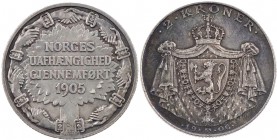 NORWEGEN KÖNIGREICH
Haakon VII., 1905-1958. 2 Kronen 1906 Auf die Unabhängigkeit Hobson 115; KM 363. fast vz