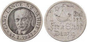 POLEN DANZIG
Stadt. Gravierte Medaille in Niello-Manier 1937 Auf den 52. Geburtstag des Schriftstellers Carl Lange, gefertigt aus einem Gulden von 19...