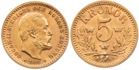 SCHWEDEN KÖNIGREICH
Oskar II., 1872-1907. 5 Kronen 1901 EB Stockholm Fr. 95a. 2.23 g. Gold vz