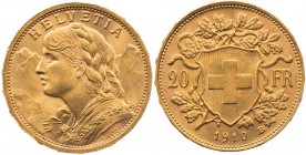 SCHWEIZ EIDGENOSSENSCHAFT
 20 Franken 1910 B Vreneli Fr. 499; KM 35.1. 6.46 g. Gold vz