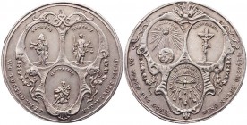 RELIGION
 Silbermedaille o. J. (v. P. H. Müller, 1654-1719, Augsburg) Vs.: Kartusche mit drei ovalen Medaillons mit den personifizierten Tugenden, mi...